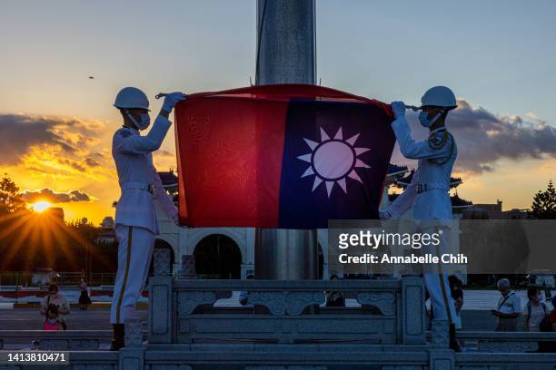 The Flag-Lowering Ceremony takes place at Liberty Square on August 09, 2022 in Taipei, Taiwan. Taiwan's military held a live-fire drill in response...