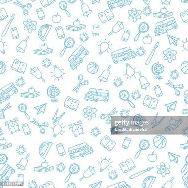 ilustraciones, imágenes clip art, dibujos animados e iconos de stock de patrón sin costuras de regreso a la escuela - edificio escolar