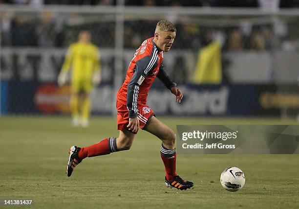 Nick Soolsma of the Toronto FC attacks against the Los Angeles Galaxy during a CONCACAF Champions League game at The Home Depot Center on March 14,...