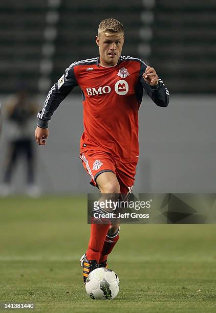Nick Soolsma of the Toronto FC attacks against the Los Angeles Galaxy during a CONCACAF Champions League game at The Home Depot Center on March 14,...