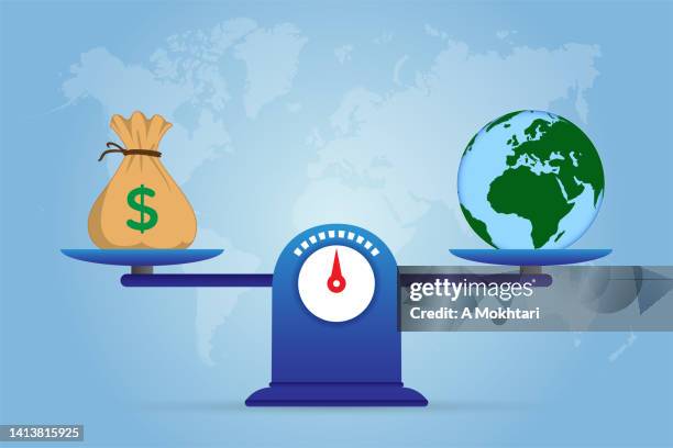 balance zwischen geld (investition) und schutz des planeten. - digital economy stock-grafiken, -clipart, -cartoons und -symbole