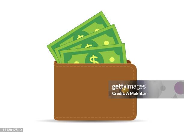 ilustraciones, imágenes clip art, dibujos animados e iconos de stock de cartera llena de dinero, billete. - cartera vacía