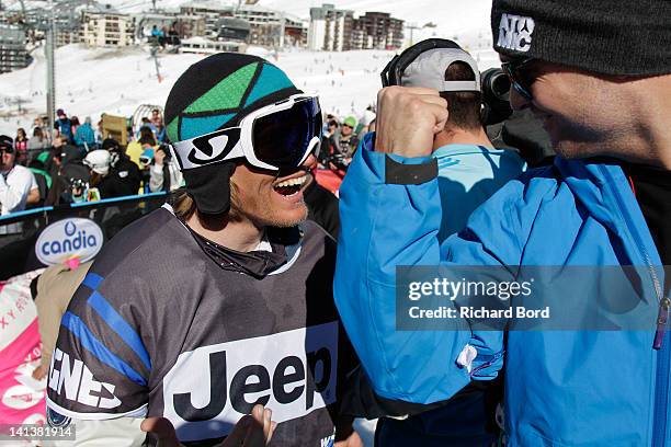 Bronze medalist Andreas Hatveit from Norway celebrates after the Men Ski Slopestyle Final of the Winter X-Games Europe on March 14, 2012 in Tignes,...