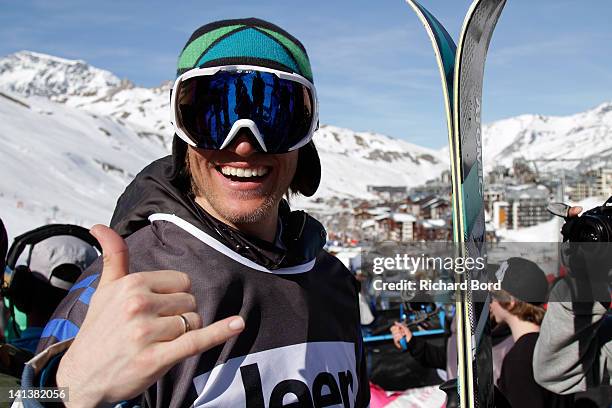 Bronze medalist Andreas Hatveit poses after the Men Ski Slopestyle Final of the Winter X-Games Europe on March 14, 2012 in Tignes, France.