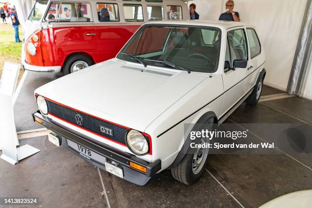 Volkswagen Golf GTI MK1 classic hatchback car on display during the classic days event on August 6, 2022 in Düsseldorf, Germany. The 2022 edition of...