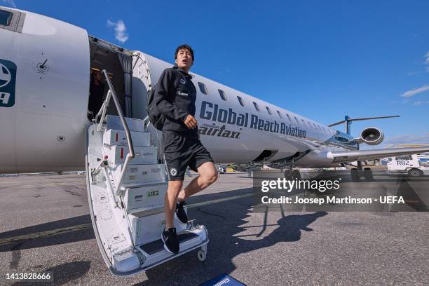 Daichi Kamada of Eintracht Frankfurt arrives in Helsinki for the UEFA Super Cup Final 2022 at Vantaa Airport on August 09, 2022 in Helsinki, Finland.