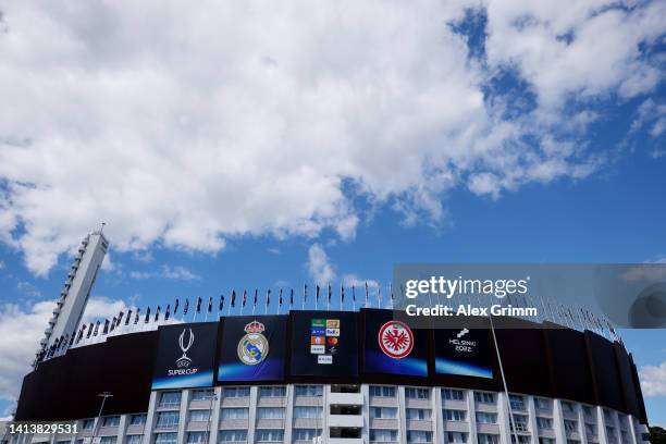 General view outside the stadium prior to the Eintracht Frankfurt pitch inspection ahead of the UEFA Super Cup Final 2022 at Helsinki Olympic Stadium...