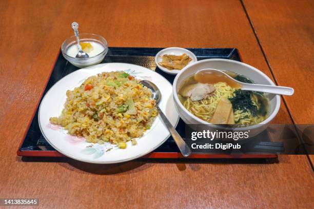 salmon lettuce fried rice and noodle soup chuka teishoku - almond jelly stock pictures, royalty-free photos & images