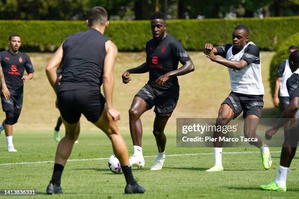 Divock Origi in action during an AC Milan training session at Milanello on August 09, 2022 in Cairate, Italy.