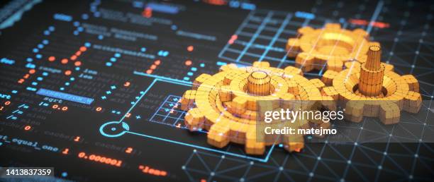 engineering design concept with a blueprint surface, conceptual 3d gears models and glowing programming language overlay. - artificial intelligence models stock pictures, royalty-free photos & images