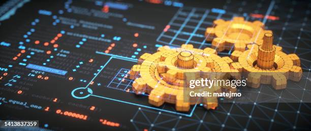 engineering design concept with a blueprint surface, conceptual 3d gears models and glowing programming language overlay. - cad drawing stock pictures, royalty-free photos & images