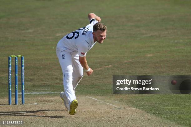 Sam Cook of England Lions bowls during the tour match between England Lions and South Africa at The Spitfire Ground on August 09, 2022 in Canterbury,...