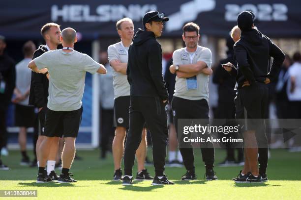 Makoto Hasebe of Eintracht Frankfurt looks on during the Eintracht Frankfurt pitch inspection ahead of the UEFA Super Cup Final 2022 at Helsinki...