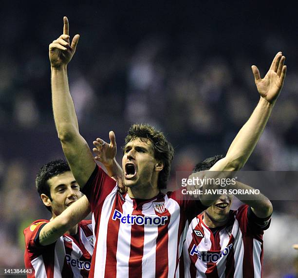 Athletic Bilbao's forward Fernando Llorente celebrates after scoring their first goal during the UEFA Europa round of 16 second leg football match...