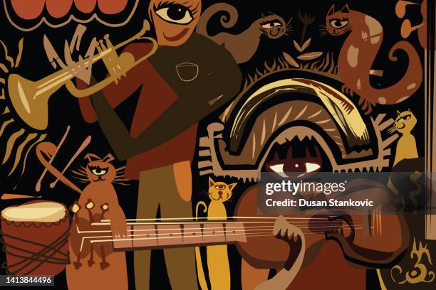 cats enjoy listening to jazz music - cats musical stock illustrations