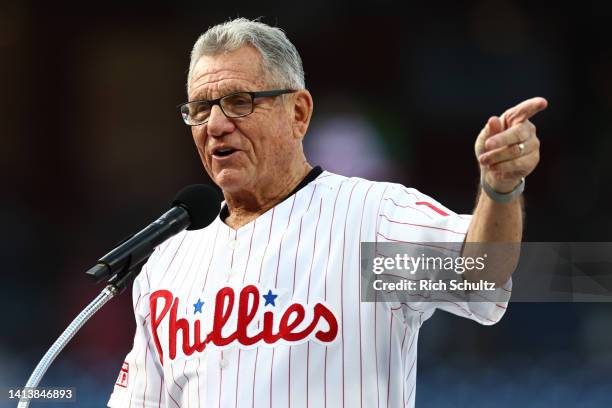 Larry Bowa speaks during an induction ceremony of former Phillies Ron Reed and Bake McBride into the Phillies Wall of Fame before a game against the...