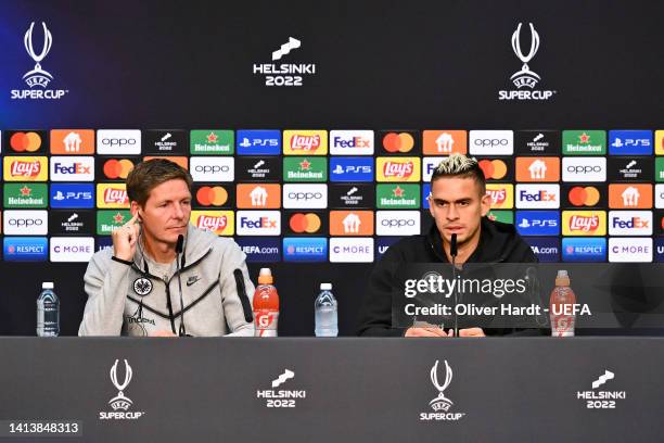 Oliver Glasner, Head Coach of Eintracht Frankfurt and Rafael Santos Borre of Eintracht Frankfurt speak during the Eintracht Frankfurt press...