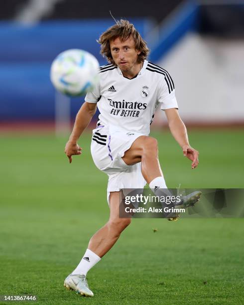 Luka Modric of Real Madrid trains during the Real Madrid CF training session and press conference ahead of the UEFA Super Cup Final 2022 at Helsinki...