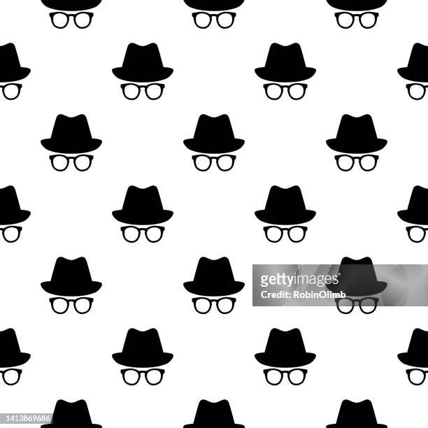 black incognito hat and glasses seamless pattern - sunglasses disguise stock illustrations