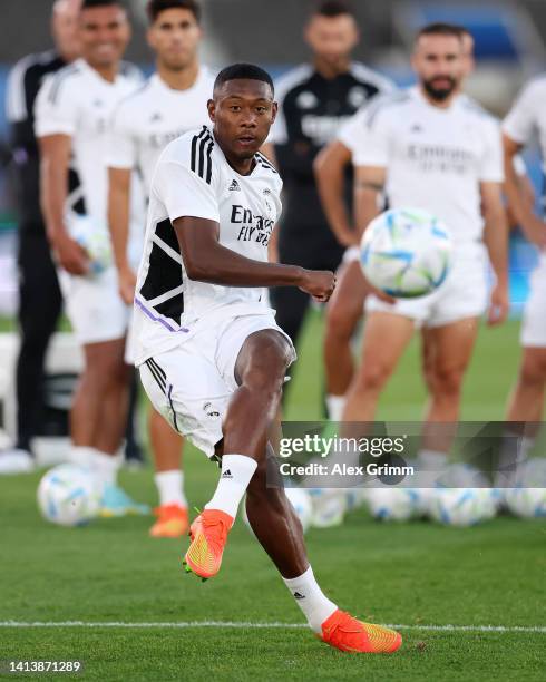 David Alaba of Real Madrid trains during the Real Madrid CF training session and press conference ahead of the UEFA Super Cup Final 2022 at Helsinki...