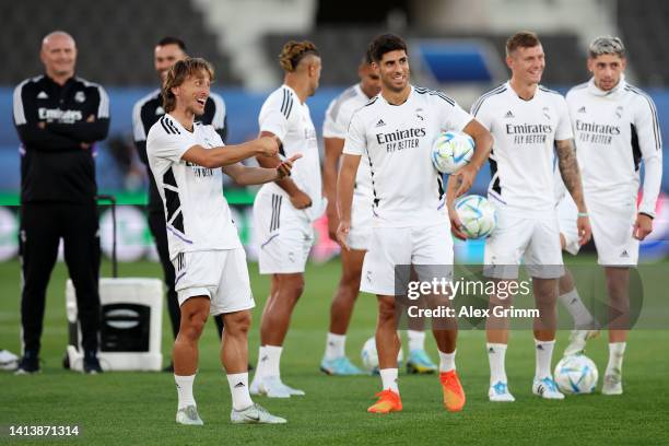 Luka Modric of Real Madrid reacts during the Real Madrid CF training session and press conference ahead of the UEFA Super Cup Final 2022 at Helsinki...