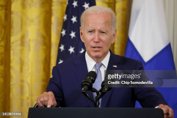 President Joe Biden speaks before signing the agreement for Finland and Sweden to be included in the North Atlantic Treaty Organization in the East...