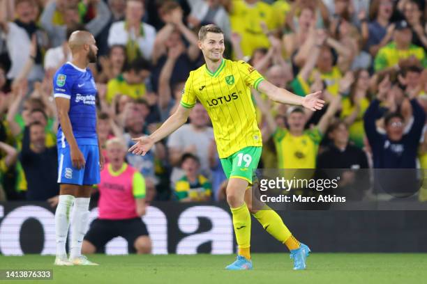 Jacob Sorensen of Norwich City celebrates scoring the 2nd goal during the Carabao Cup First Round match between Norwich City and Birmingham City at...