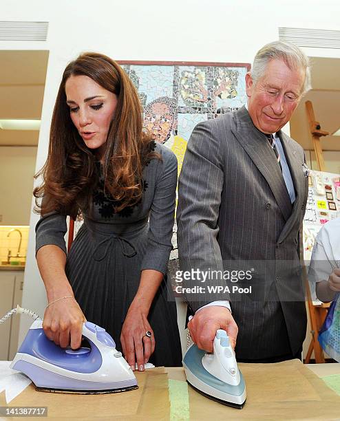 Catherine, Duchess of Cambridge and Prince Charles, Prince of Wales iron artwork produced on silk during a visit to the Dulwich Picture Gallery on...