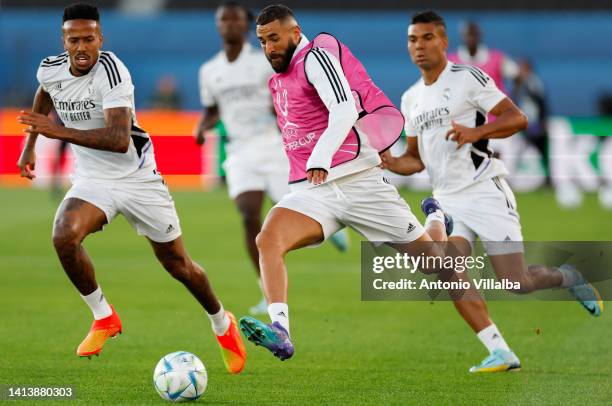 Karim Benzema player of Real Madrid is training with teammates Eder Militao, Carlos Casemiro and Eduardo Camavinga during the Real Madrid CF training...