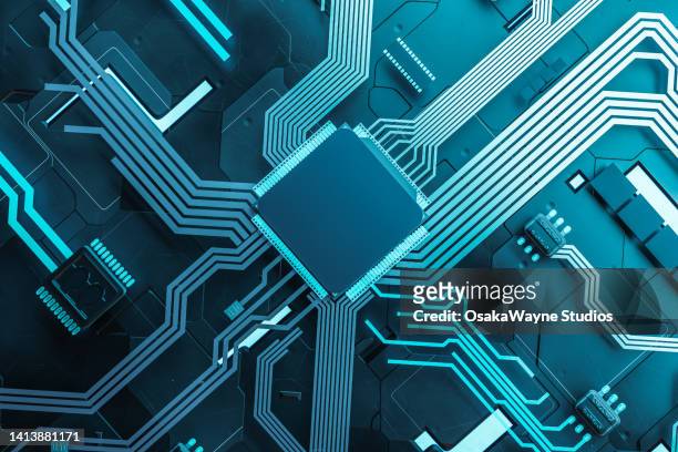 circuit board with main controlling chip cpu - futuristic circuit stockfoto's en -beelden