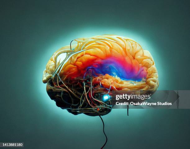 enhanced human brain connected by wires - brain anatomy stock pictures, royalty-free photos & images