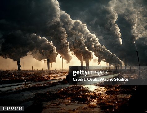 Ruined landscape with massive smoke coming out from chimneys Ruined landscape with massive smoke coming out from chimneys