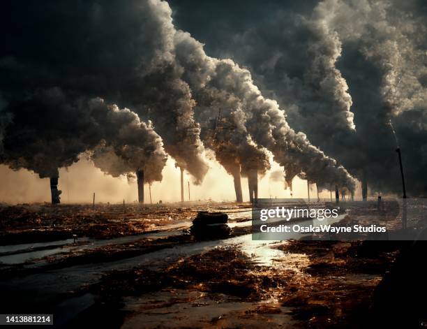 ruined landscape with massive smoke coming out from chimneys - treibhausgas stock-fotos und bilder