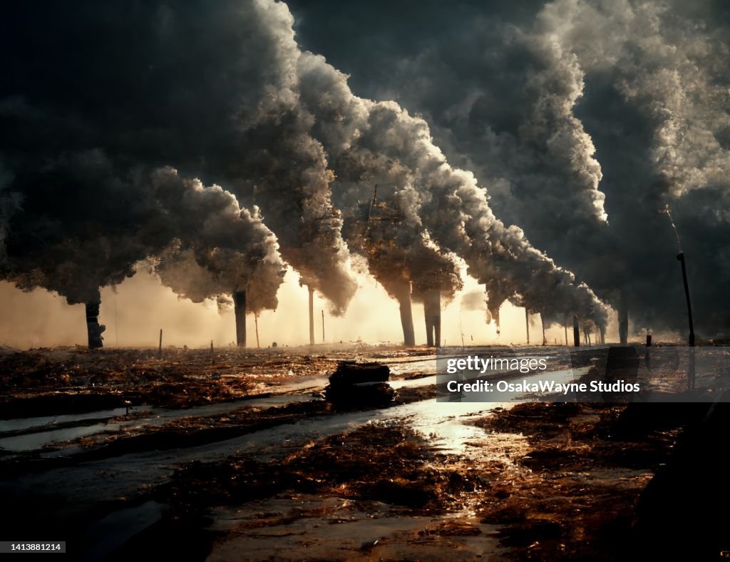 Ruined landscape with massive smoke coming out from chimneys