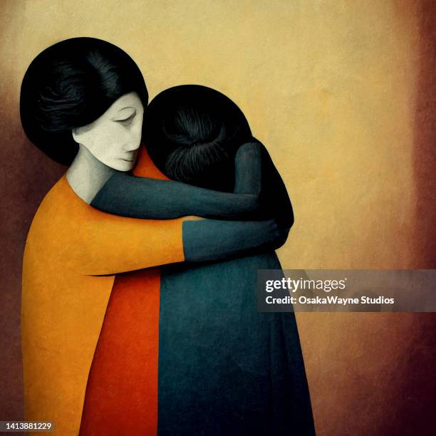 artistic representation of mother and daughter hugging - sadness illustration stock pictures, royalty-free photos & images