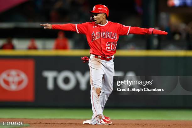 Magneuris Sierra of the Los Angeles Angels reacts on second base during the ninth inning against the Seattle Mariners at T-Mobile Park on August 06,...