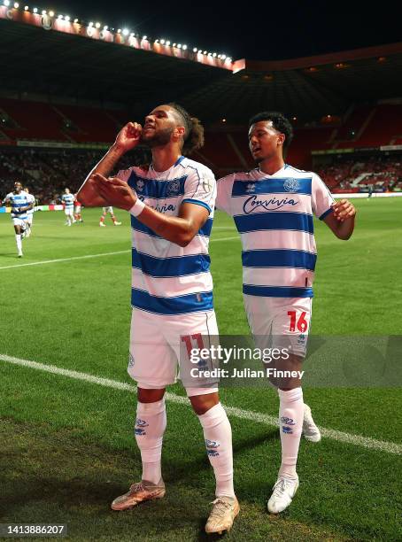 Tyler Roberts of QPR celebrates scoring to make it 1-0during the Carabao Cup First Round match between Charlton Athletic and Queens Park Rangers at...