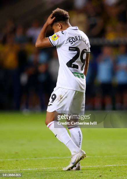 Matty Sorinola of Swansea City looks dejected after having their penalty saved during the Carabao Cup First Round match between Oxford United and...