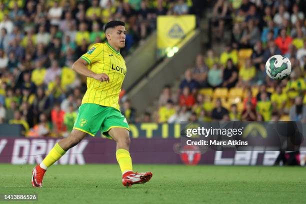 Marcelino Nunez of Norwich City scores a penalty during the Carabao Cup First Round match between Norwich City and Birmingham City at Carrow Road on...