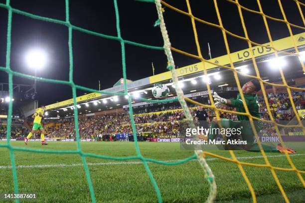 Neil Etheridge of Birmingham City looks on unable to save the Panenka penalty from Marcelino Nunez of Norwich City during the Carabao Cup First Round...