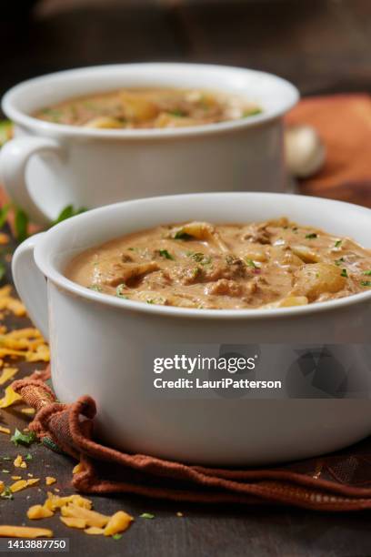 cremige cheeseburger suppe - ground beef stew stock-fotos und bilder