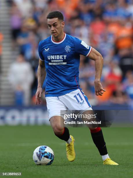 Tom Lawrence of Rangers is seen in action during the UEFA Champions League Third Qualifying Round second leg match between Glasgow Rangers and Royale...