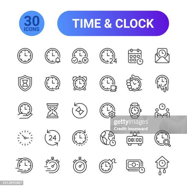ilustraciones, imágenes clip art, dibujos animados e iconos de stock de iconos de hora y línea de reloj. trazo editable. - hora punta temas