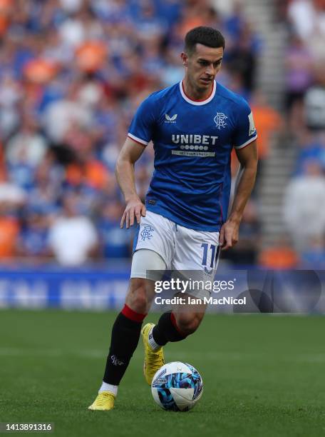 Tom Lawrence of Rangers is seen in action during the UEFA Champions League Third Qualifying Round second leg match between Glasgow Rangers and Royale...