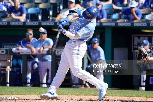 Nick Pratto of the Kansas City Royals hits a two-run home run in the sixth inning during the first game of a doubleheader against the Chicago White...