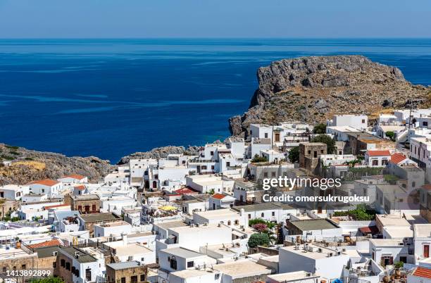 wiew of lindos white houses in rhodes island, greece - rhodes old town stock pictures, royalty-free photos & images