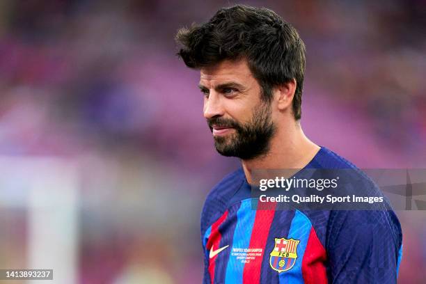 Gerard Pique of FC Barcelona looks on prior to the Joan Gamper Trophy match between FC Barcelona and Pumas UNAM at Camp Nou on August 07, 2022 in...