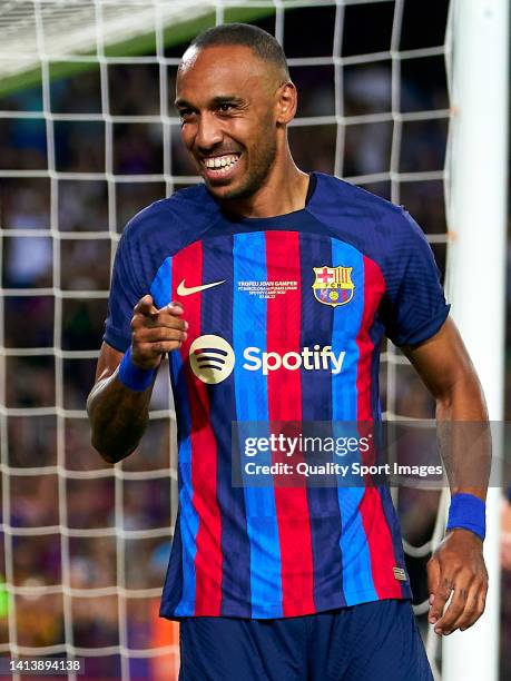 Pierre-Emerick Aubameyang of FC Barcelona celebrates a goal during the Joan Gamper Trophy match between FC Barcelona and Pumas UNAM at Camp Nou on...