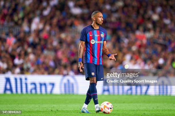 Pierre-Emerick Aubameyang of FC Barcelona with the ball during the Joan Gamper Trophy match between FC Barcelona and Pumas UNAM at Camp Nou on August...