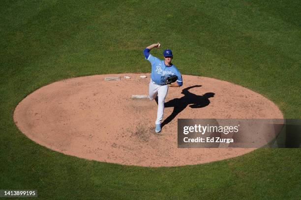 Starting pitcher Brady Singer of the Kansas City Royals throws in the sixth inning during the first game of a doubleheader against the Chicago White...